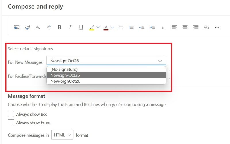 Default signatures in Outlook.com browser