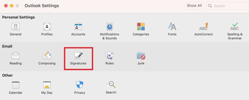 Signature in Outlook Settings