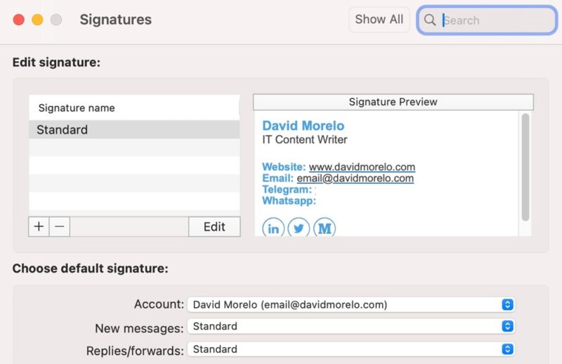 Outlook for Mac signature details.