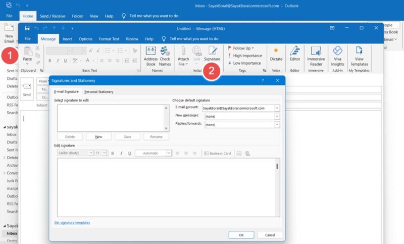 Opening the Signatures and Stationary window in Outlook for Windows.