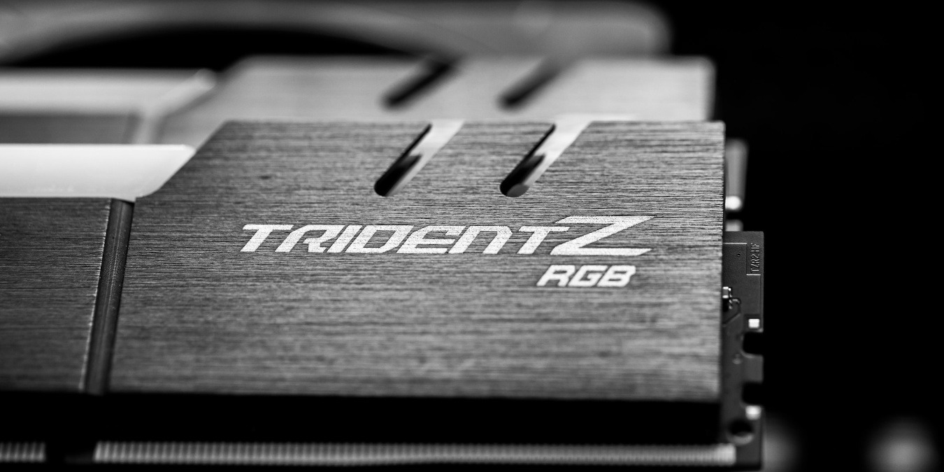 Close up of a grey desktop RAM stick