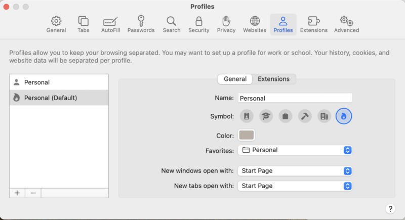 This is a Safari Settings window on the Profiles tab.