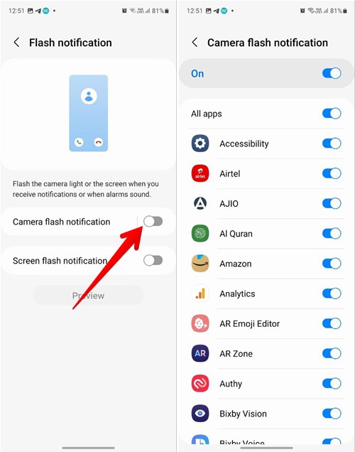 Samsung Flash Notification Enable