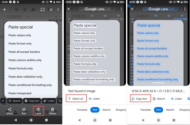 Select All and Copy All in Google Lens on Android