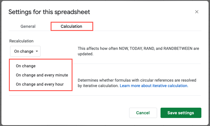 Settings for recalculating date functions in Google Sheets