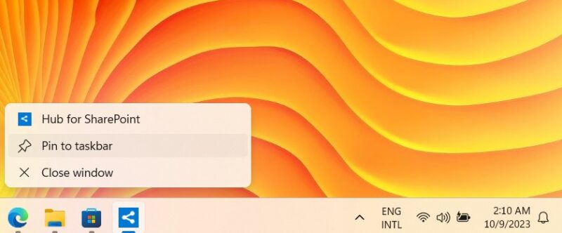 Pinning Hub for SharePoint to Windows taskbar.