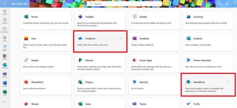 SharePoint and OneDrive are both available as Microsoft 365 apps.