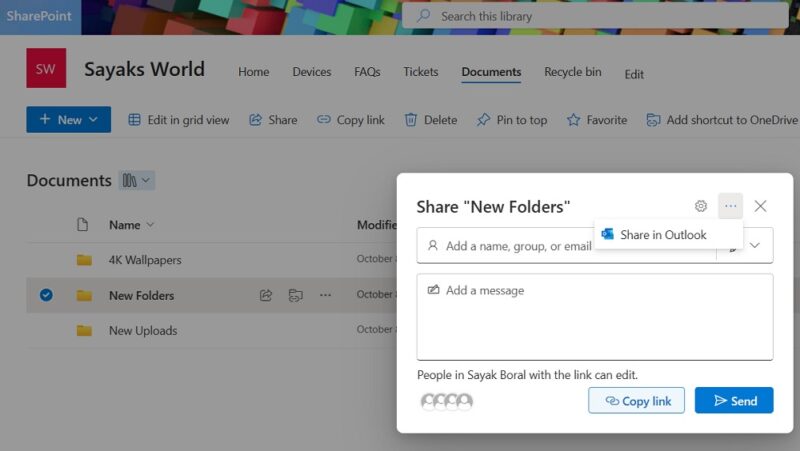 Example of a SharePoint site with saved documents shown within the site. 