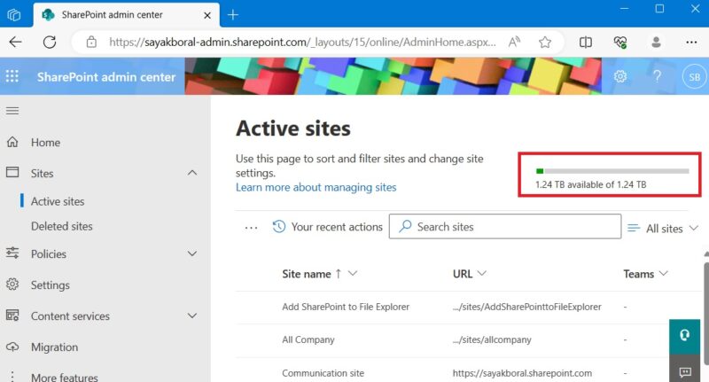1.24 Terabytes of free storage limit in SharePoint as evidenced in SharePoint Admin Center.