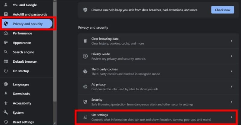 Click Site settings in Privacy and security tab in Chrome