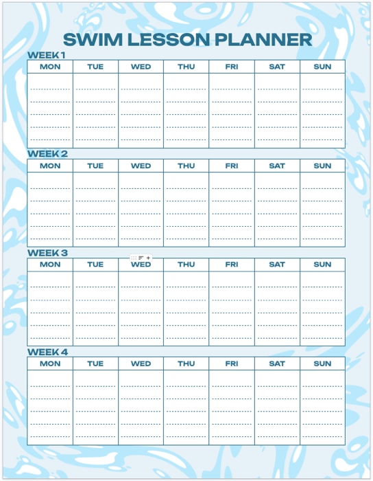 Swim Lesson Planner template for Google Docs