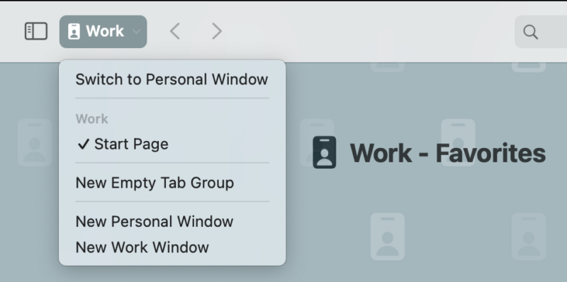 The image shows the Profile button on Safari that lets you switch between profiles.