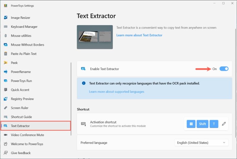 Text Extractor settings in Microsoft PowerToys
