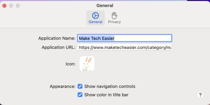 Web App Settings Window Showing Options To Change The Name Icon And Url Of The Web App