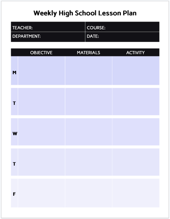 Weekly High School Lesson Plan template for Google Docs