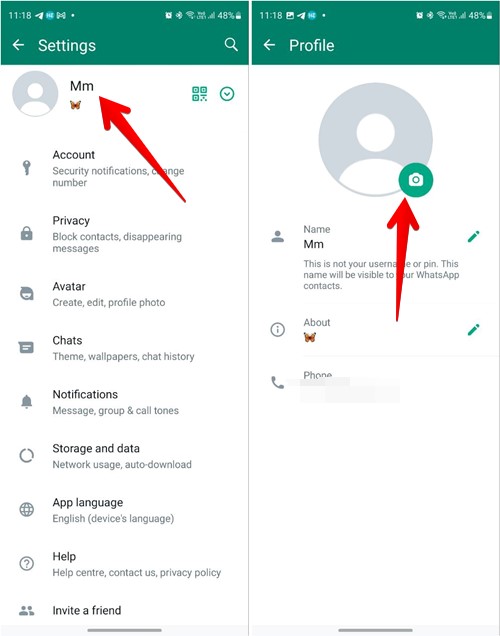 Tapping the camera icon next to empty profile picture in WhatsApp Android app.