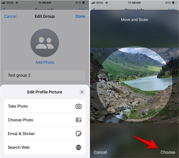Tapping "Choose" to select new group profile name in WhatsApp for iOS.