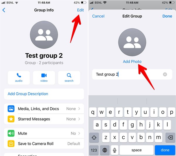 Tapping on "Add Photo" option for group in WhatsApp for iOS.