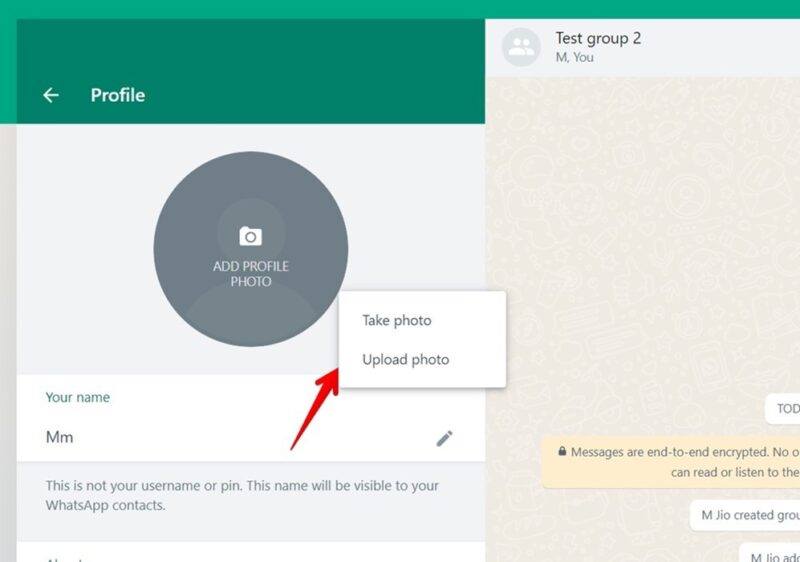 Clicking on "Upload photo" option in WhatsApp for web.