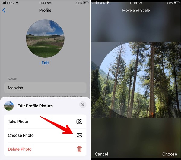 Tapping on "Choose Photo" option in Edit Profile Picture menu in WhatsApp iOS app.
