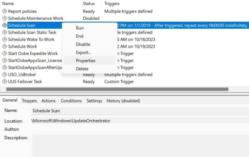 Right-clicking to select Schedule Scan Properties in Task Scheduler.