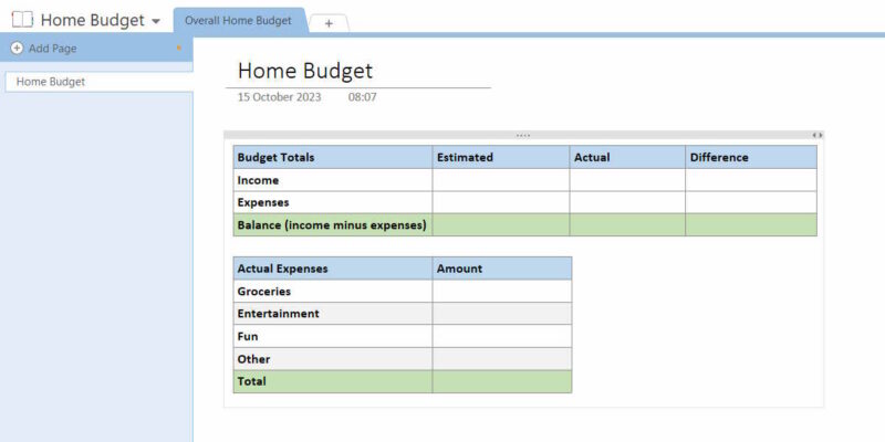 A Sample Home Budget In Onenote