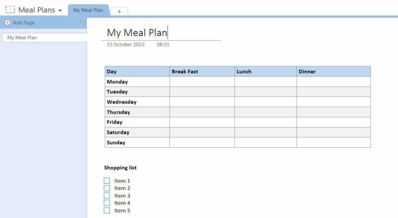 A Sample Meal Plan In Onenote