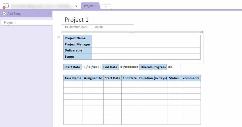 A Sample Project Template In Onenote