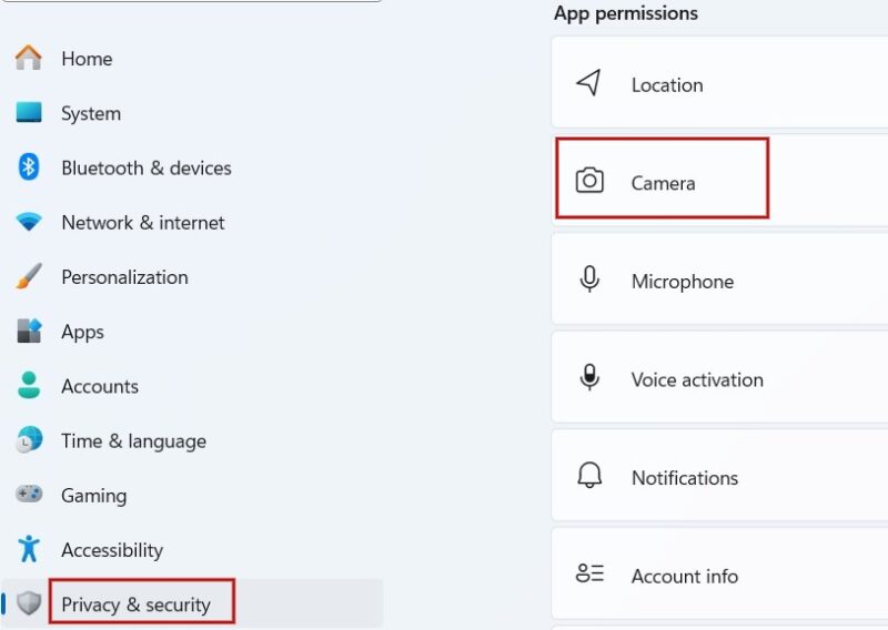 Clicking on "Camera" option in Windows Settings.