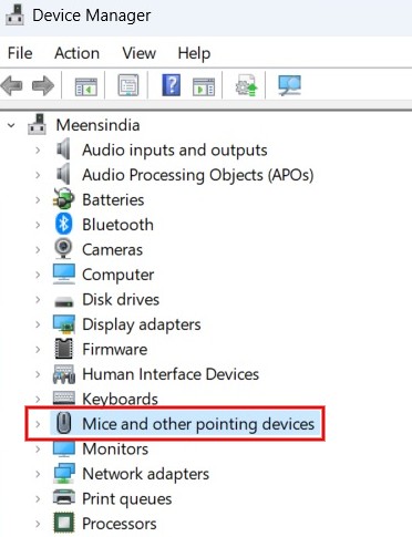 Clicking on "Mice and other pointing devices" in Device Manager.