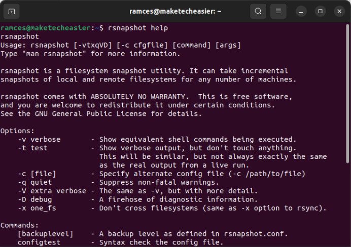 A terminal showing the help page for Rsnapshot.
