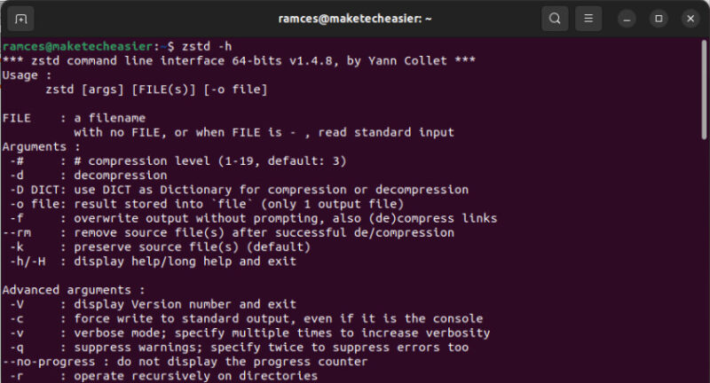 A terminal showing the help screen for zstd.