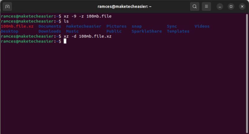 A terminal showing xz compressing and decompressing a file.