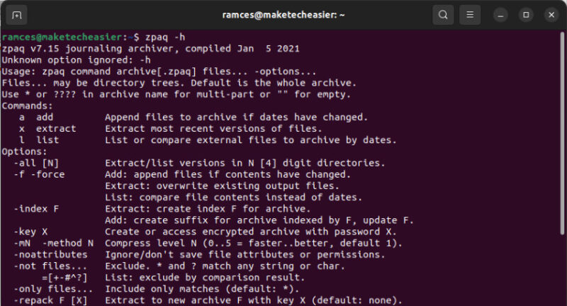 A terminal showing the help screen for zpaq.