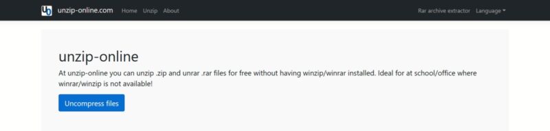 Main page overview on Unzip-online website.