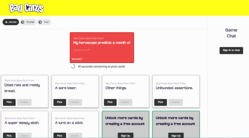 Playing a round of Bad Cards with two other players.