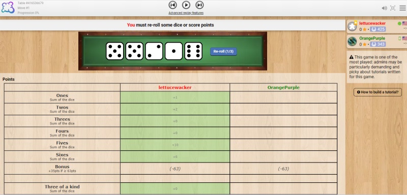 Playing Yahtzee on Board Game Arena.