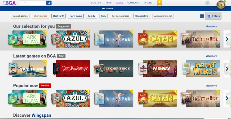 List of popular games on Board Game Arena's game selection page.