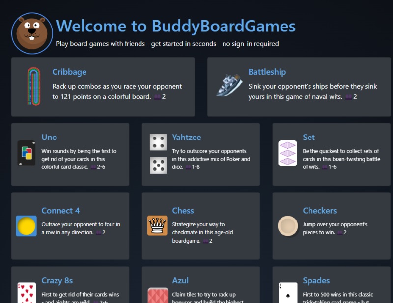 BuddyBoardGames home page with list of games.