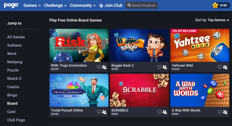 Pogo's selection of board games to play.