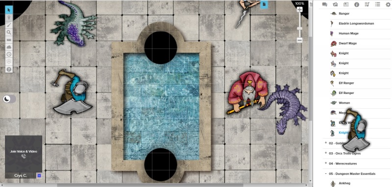 Roll20 game designer with sample characters on a template.