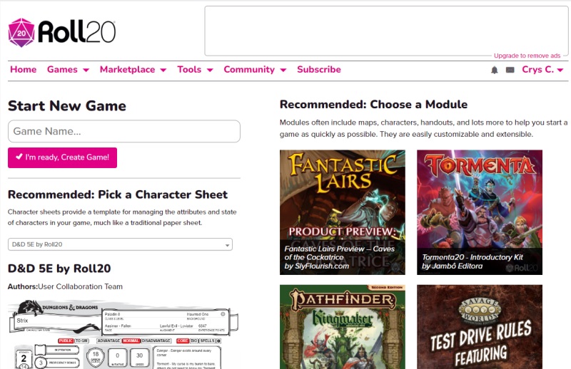 Template for starting a new RPG game on Roll20.