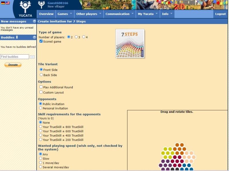 Setting up a game of 7 Steps on Yucata.