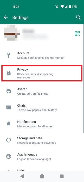 Privacy under Settings in WhatsApp for Android.