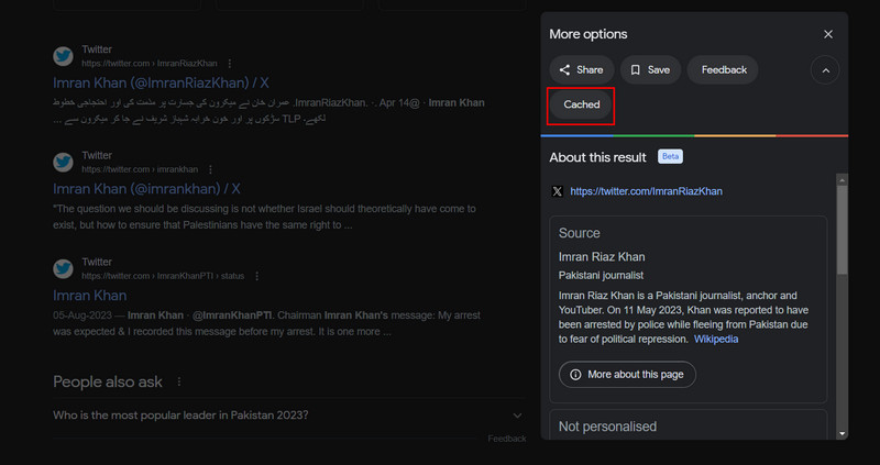 Clicking the Cached button In Chrome