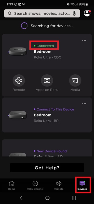 List of available devices in the Roku mobile app.