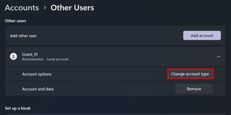 Clicking the "Change account type" button in Settings