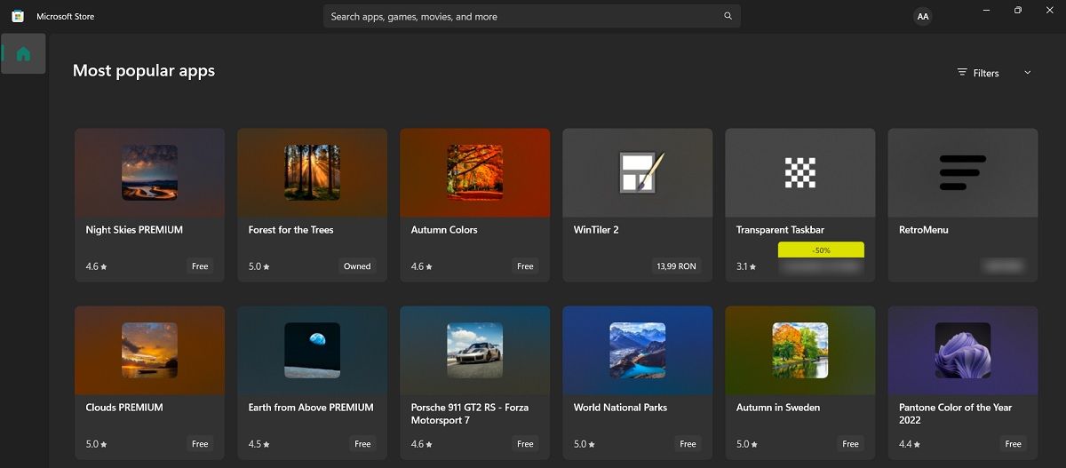 Themes view in Microsoft Store. 