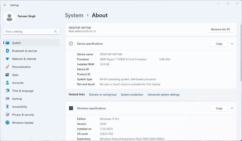 CPU specs view in System Settings.
