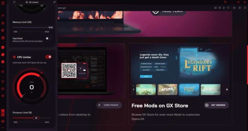 Opera GX open showing CPU Limiter feature. 